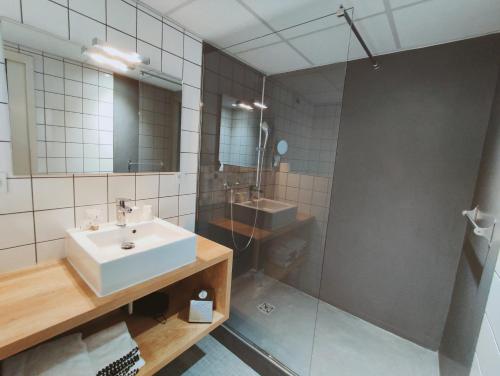 a bathroom with a sink and a shower at Hôtel Le Collonges TV connecté wifi Netflix in Brive-la-Gaillarde