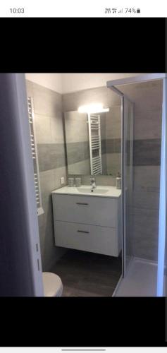 une salle de bain avec un lavabo, des toilettes et un miroir dans l'établissement Poseidon, à Cagnes-sur-Mer