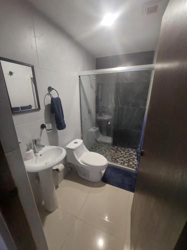 a bathroom with a shower and a toilet and a sink at APARTAMENTO CON ALBERCA en Mazatlán in Mazatlán