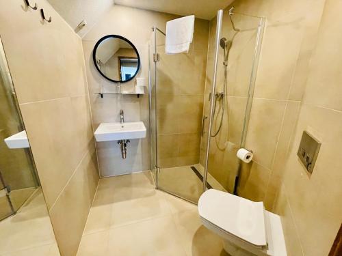 a bathroom with a shower and a toilet and a sink at Villa Pinus Slovenský raj - Hotel Čingov dependance in Smižany