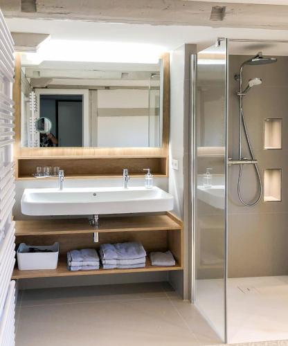 a bathroom with a sink and a shower at Altendorfer Vorwerk - Ferienapartments in Altendorf