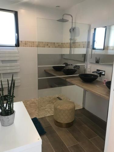 a bathroom with two sinks and a mirror at Villa Bellenbois avec piscine privée , proche La Rochelle in Sainte-Soulle