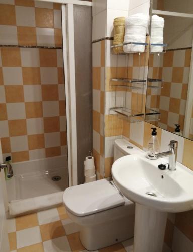 a bathroom with a sink and a toilet and a shower at Apartamento Bornos&Huesca in Huesca