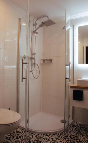 a bathroom with a shower with a toilet and a sink at Das Moselhaus in Ediger-Eller