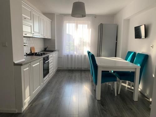 cocina con mesa, sillas y nevera en Apartament Anca en Sînmartin