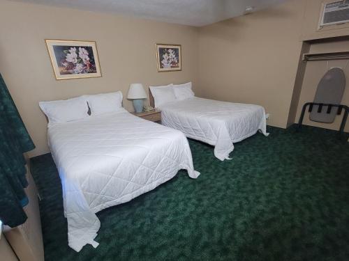 a hotel room with two beds and a green carpet at Medina Inn in Medina