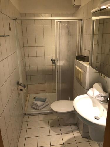 a bathroom with a shower and a toilet and a sink at Kapitänshaus Scharmberg, Ferienwohnung Kormoran in Born