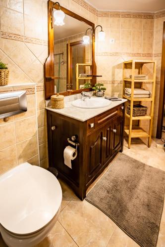 a bathroom with a toilet and a sink and a mirror at casamarena in Costa Calma