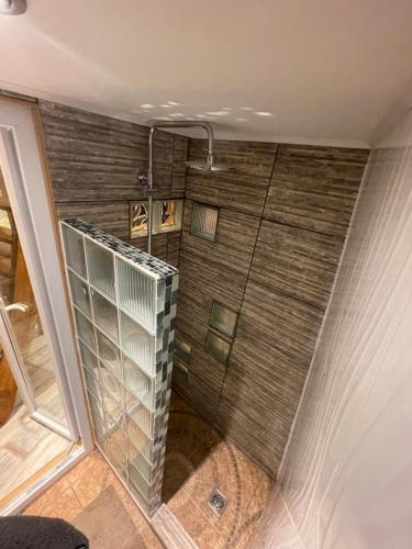 a shower with a glass door in a room at Pucontours River Lodge in Pucón