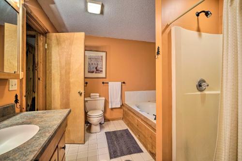a bathroom with a toilet and a tub and a sink at Spacious Dover Home with Sauna Less Than 5 Miles to Ski! in Dover