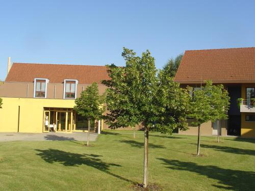 a tree in a yard in front of a building at Les Loges Du Ried - Studios & Appartements proche Europapark in Marckolsheim