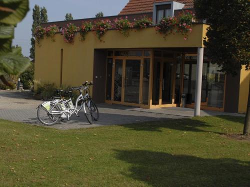 マルコルスハイムにあるLes Loges Du Ried - Studios & Appartements proche Europaparkの花の咲く建物の前に駐輪した自転車2台