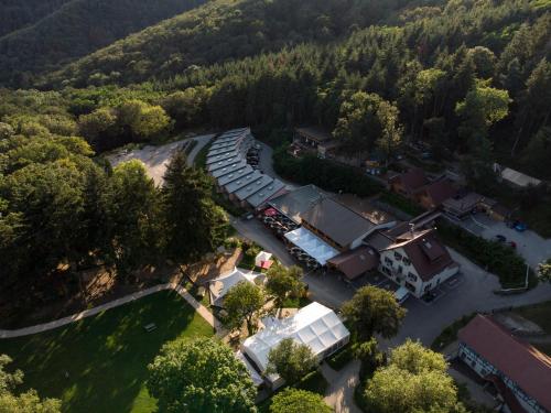 una vista aerea di una casa con treno di Domaine du Hirtz, Restaurant & Spa a Wattwiller