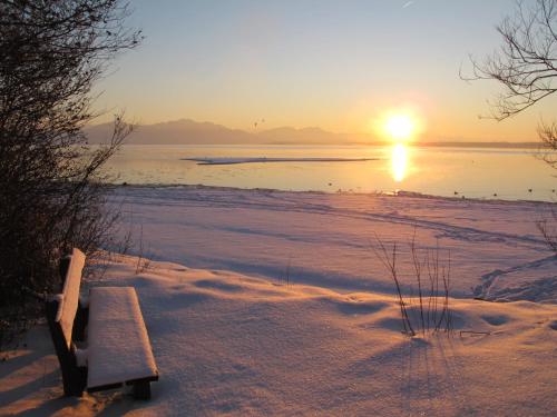 a bench in the snow with the sunset in the background at Brausamhof in Seeon-Seebruck