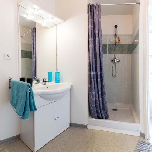 une salle de bain avec un lavabo et une douche dans l'établissement Studio centre ville avec parking privé, à Cholet