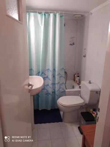 a bathroom with a toilet and a shower curtain at 3 min from the beach-White&blue house in Apollon in Apollon