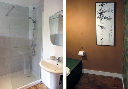 two images of a bathroom with a sink and a shower at L'Oisiveraie - suite écologique, accueil paysan, 2-3pers in Dompierre