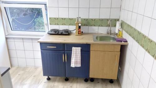 a small kitchen with a sink and a window at Bauernhof Oase in Bestensee