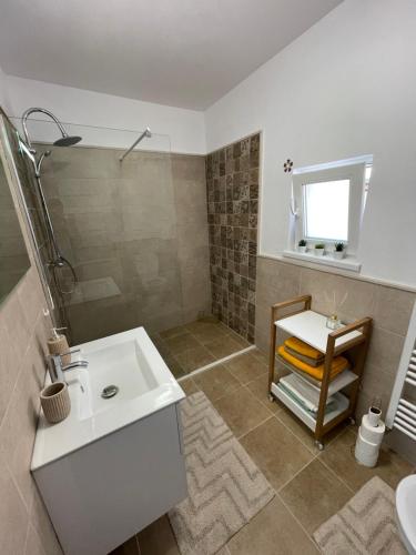 a bathroom with a sink and a shower and a toilet at Cozy House Neustadt in Cristian