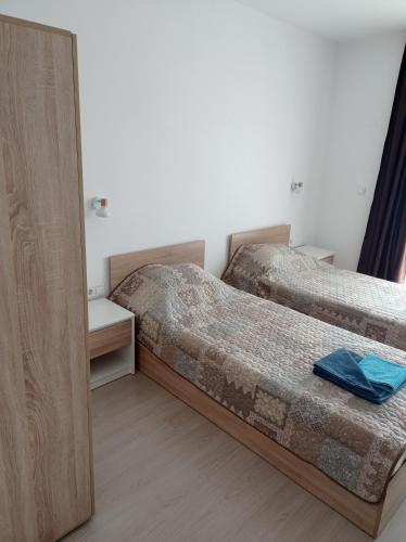 two beds in a room with a mirror at Къща за гости Шошови in Velingrad