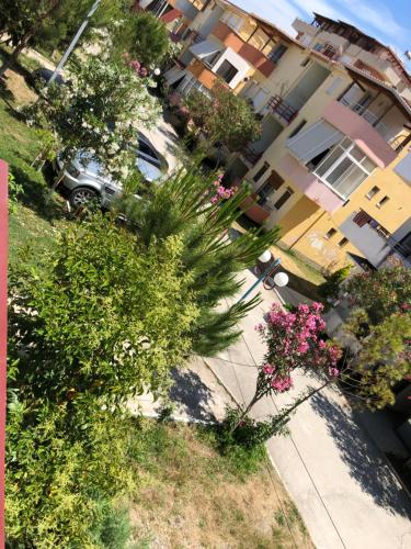 una vista dall'alto di una strada con alberi e fiori di Eldi's Apartment a Golem