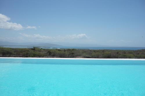 a blue swimming pool with a view of the ocean at Altos de la Caobita in Barreras