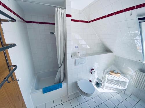 Petersdorf auf FehmarnにあるFerienwohnung-Wildblumeの白いバスルーム(トイレ、シャワー付)