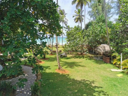 a garden with palm trees and the ocean in the background at Casa Grande Hotel Restaurant in Las Terrenas