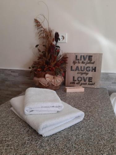 two towels sitting on top of a counter with a plant at Studio at Thessaloniki in Thessaloniki