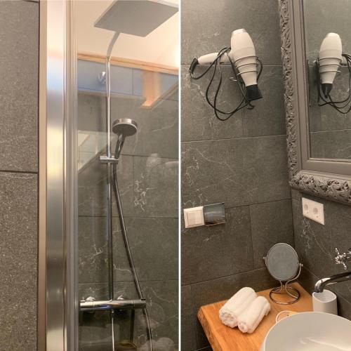 2 fotografías de un baño con ducha y lavabo en Isabelle's Rosegarden, en Beckerich