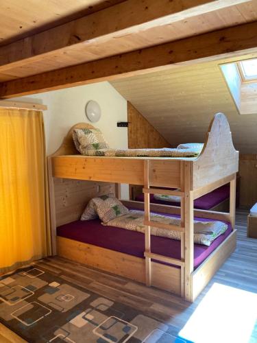 ベッケンリートにあるALP Klewenalp Ausflugs-Ski-Pistenhotel Klewenstockのキャビン内の二段ベッド2台が備わる客室です。