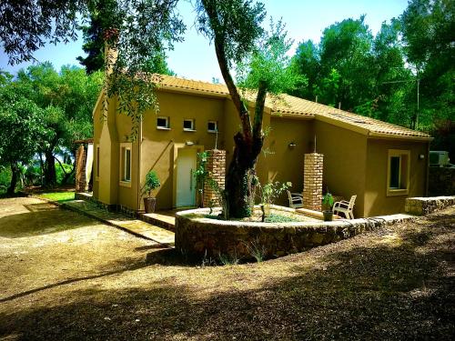 una piccola casa gialla con un albero di fronte di Anna's cottage house a Perama