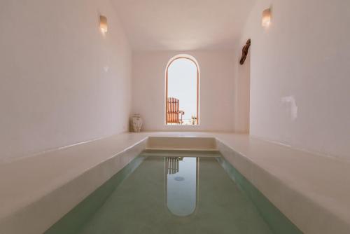 a swimming pool in a white room with a window at The White Lodge in San José del Cabo