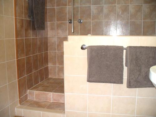 a bathroom with a shower with two towels and a sink at Gillroyhouse in Port Alfred
