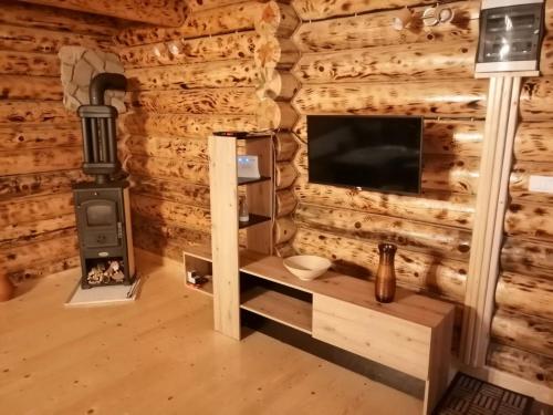 una sala de estar con estufa de leña en una cabaña de madera en Brvnare filip, en Nova Varoš