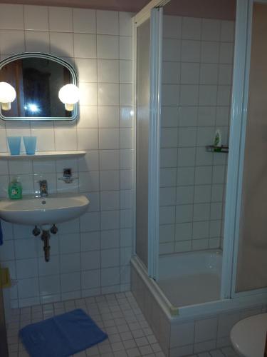 a bathroom with a sink and a shower at Landhaus Brigitte in Bad Bayersoien