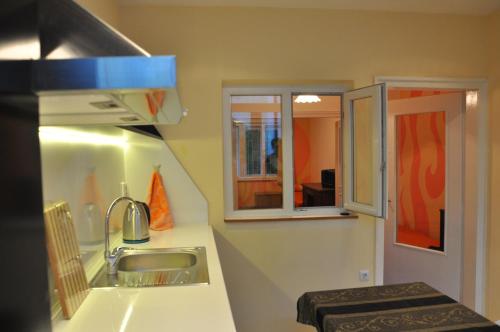 Una pequeña cocina con fregadero y ventana. en Arlequin Apartment, en Varna