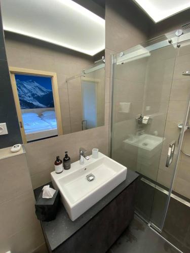 a bathroom with a sink and a glass shower at Forest Resort in Vír