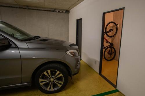 a car parked in a garage with a bike on the wall at Horský apartmán Nový Javor - s možností využití wellness in Železná Ruda