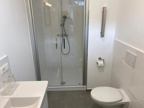 a bathroom with a shower and a toilet and a sink at Altstadt Fereienwohnung Hameln in Hameln