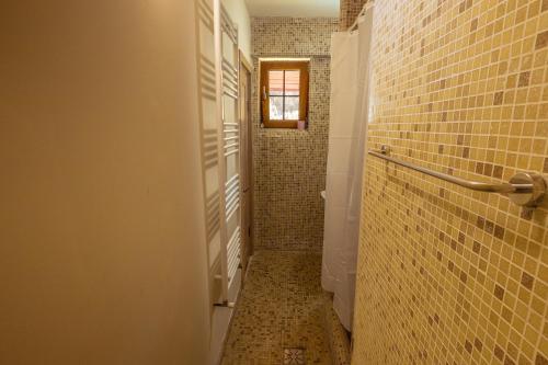 a bathroom with a hallway with a walk in shower at La Ferma Veche Bogdana in Bogdana