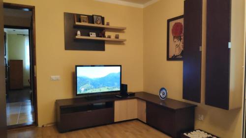 sala de estar con TV de pantalla plana en la pared en Apartament Mariuca en Gura Humorului