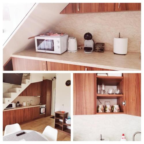 two pictures of a kitchen with a microwave and a staircase at Kotedžas poilsiui in Palanga