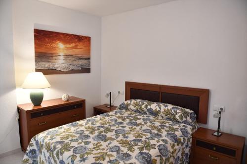 sypialnia z łóżkiem i obrazem na ścianie w obiekcie Appartement exceptionnel confortable bord de mer w mieście Sant Carles de la Ràpita