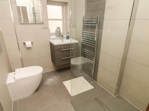 a bathroom with a toilet and a shower and a sink at Lonsdale Cottage in Carnforth