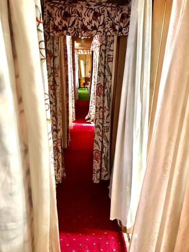 a hallway with red carpet and curtains and red stairs at Green Paradise Houseboat - Centrally Heated in Srinagar