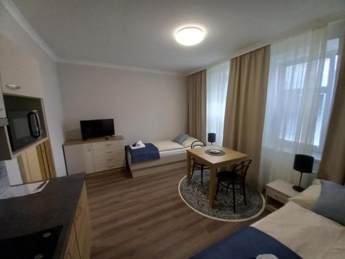 a hotel room with a bed and a small table at Penzion Vila Winter in Koryčany