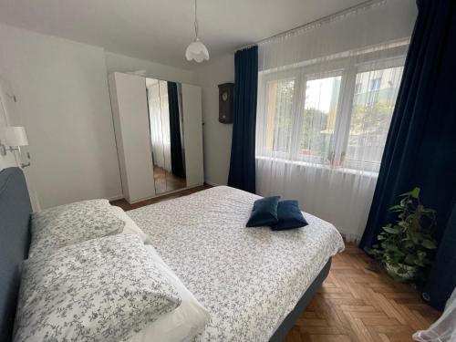 um quarto com 2 camas e uma grande janela em Woodland Apartment em Gdynia