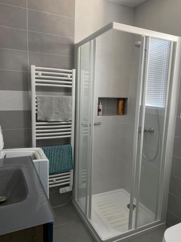 La salle de bains est pourvue d'une douche avec une porte en verre. dans l'établissement Studio Marymer, à Cervione
