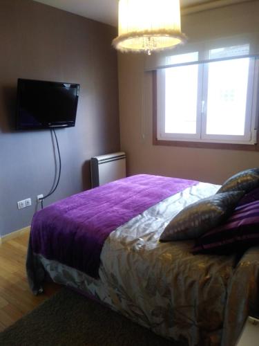 ein Schlafzimmer mit einem Bett und einem Flachbildfernseher in der Unterkunft Apartamento Las Carolinas in Ribeira